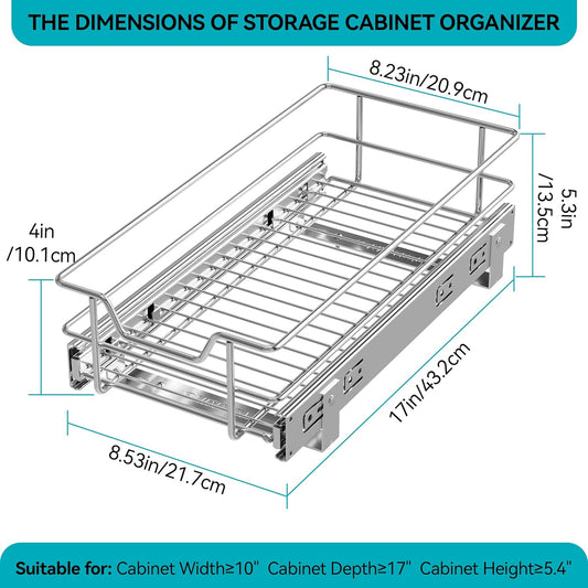 2 Tier Pull Out Cabinet Organizer 11" W X 22" D, Slide Out Drawers For Kitchen Cabinets, Pull Out Drawers For Cabinets Capacity Heavy Duty Caddy, Cabinet Pullout Shelves Chrome-Plated, Bathroom Pantry