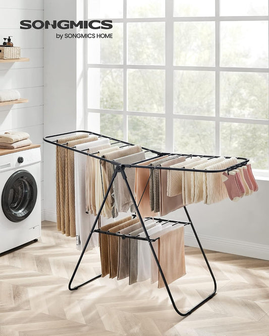 SONGMICS Clothes Drying Rack, Foldable 2-Level Laundry Drying Rack, Free-Standing Laundry Airer, with Height-Adjustable Wings, 33 Drying Rails, Sock Clips, Silver and Blue ULLR53BUV1