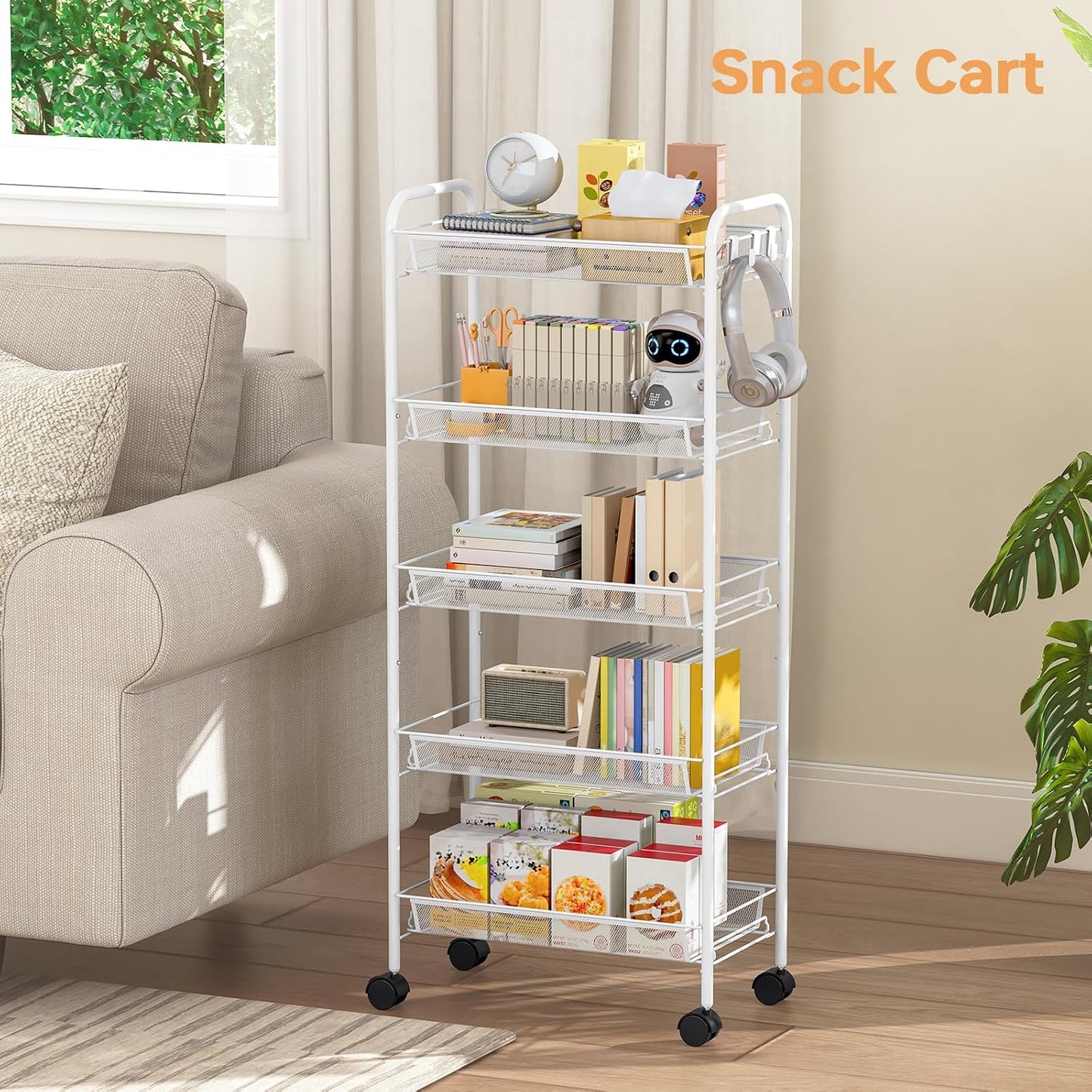 TOOLF 3-Tier Metal Rolling Cart, Mesh Wire Easy Assemble Utility Cart, Storage Trolley on Wheels with 3 Hooks, MetalStorage Shelving Units for Kitchen Bathroom Laundry Room