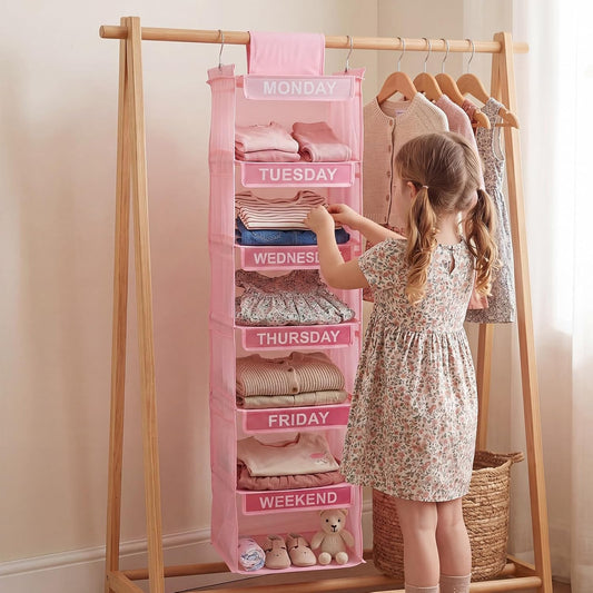 Thyle 6-Shelf Weekly Clothes Organizer for Kids, Hanging Daily Closet Organization with 12 Side Pockets, Pink Days of the Week Clothing Divider Storage for Boys and Girls