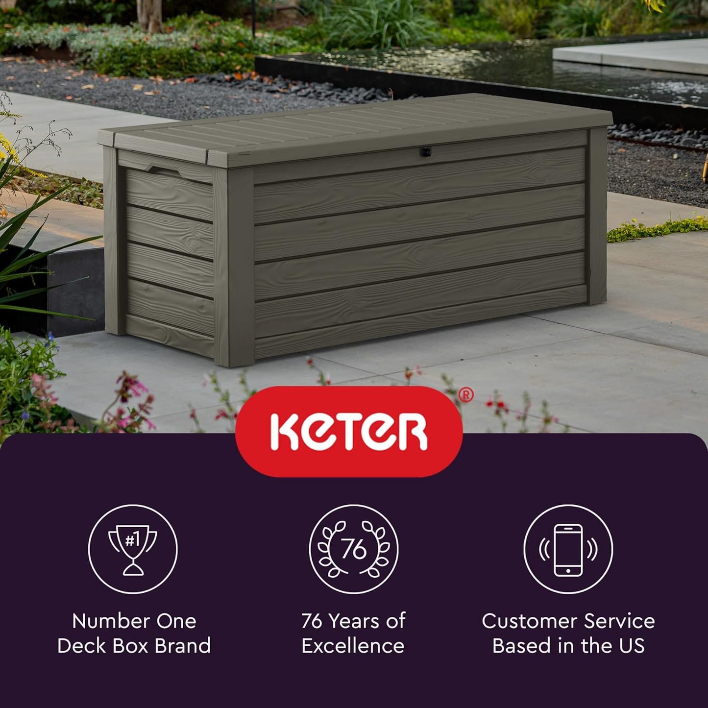 Keter 150 Gallon Resin Large Deck Box Organization and Storage Box for Patio, Outdoor Cushions, Garden Tools, Brown | Hydraulic Pistons, Resin, Weatherproof
