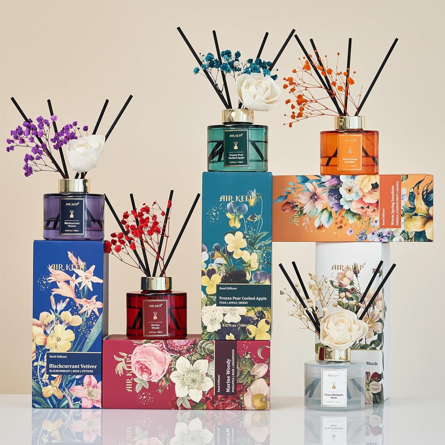 Airkeep Flower Reed Diffusers Set, 5.07 oz Freesia/Passion Fruit/Orange Scented Oil Diffuser with 8 Reed Sticks, Home Fragrance Diffuser Gift Set for Bathroom & Office Decor 150ml
