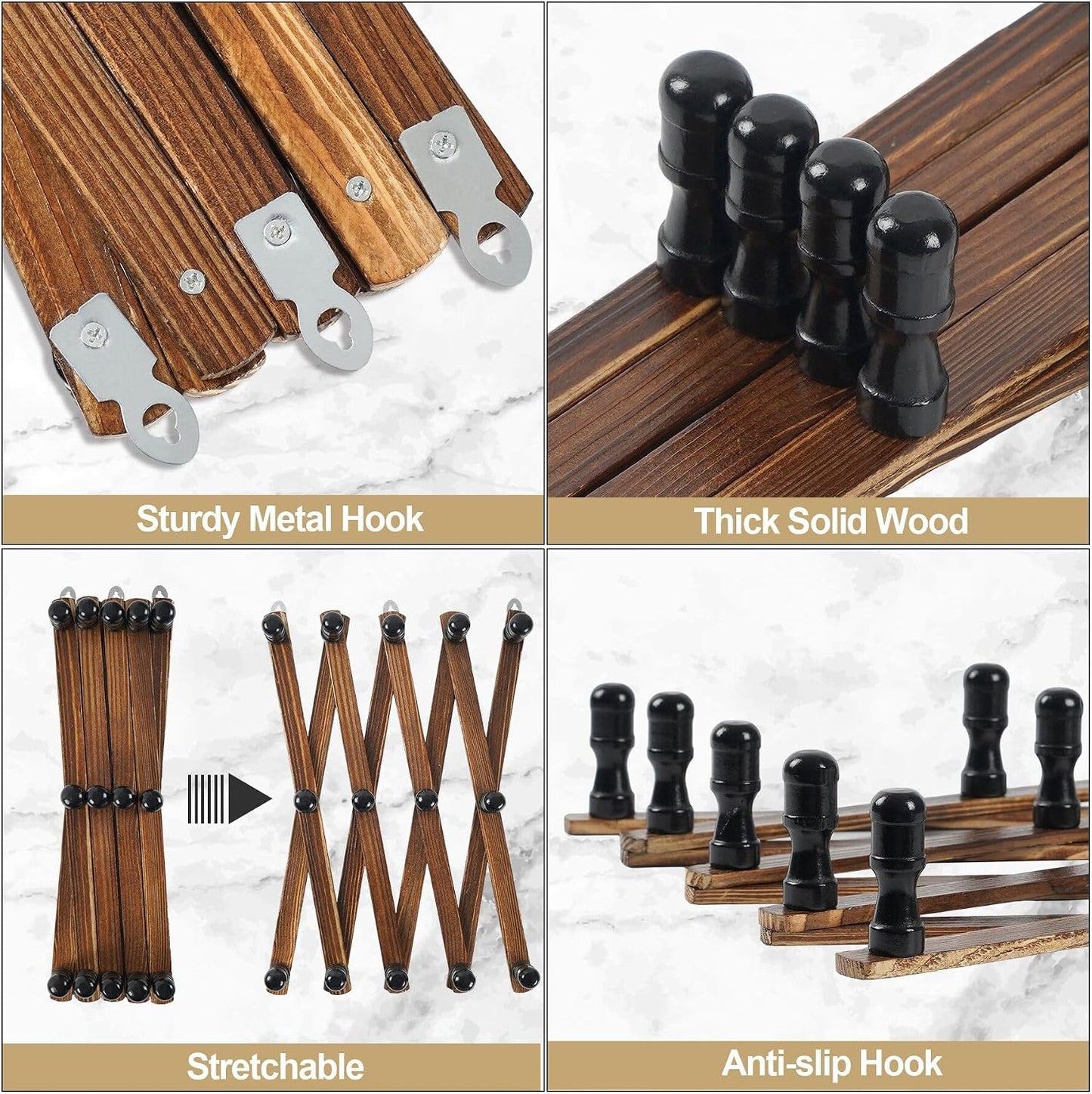 WGFKVAS 2 Pack Accordion Hat Rack for Wall - Expandable Coat Rack & Wall Mounted Hat Holder - Wooden Wall Hanger with 10 Peg Hooks for Coats, Baseball Caps, Keys & Mugs