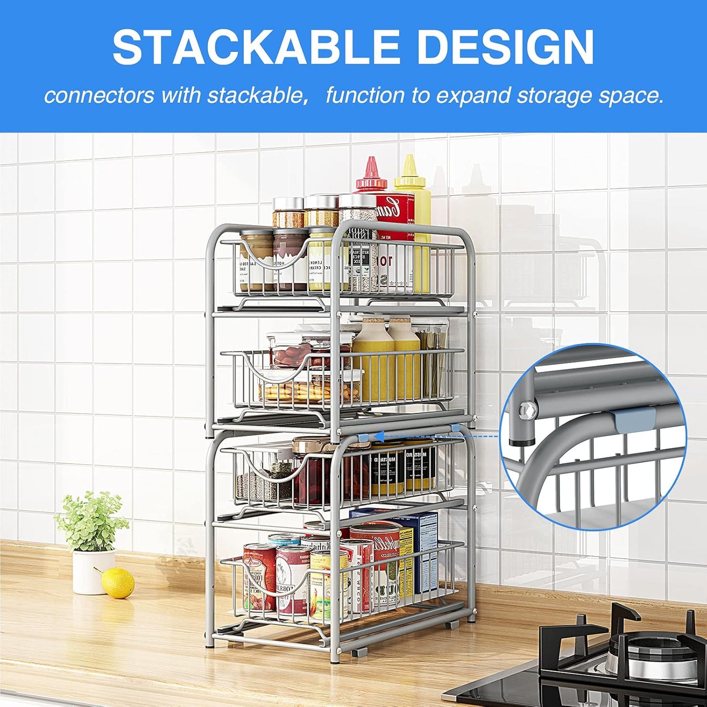 Pull-out Cabinet Organizer, Stackable 2-tier Under Sink Rack, with Sliding Storage Drawer for Pantry, and Desktop, for Bathroom, Kitchen, Office, Black