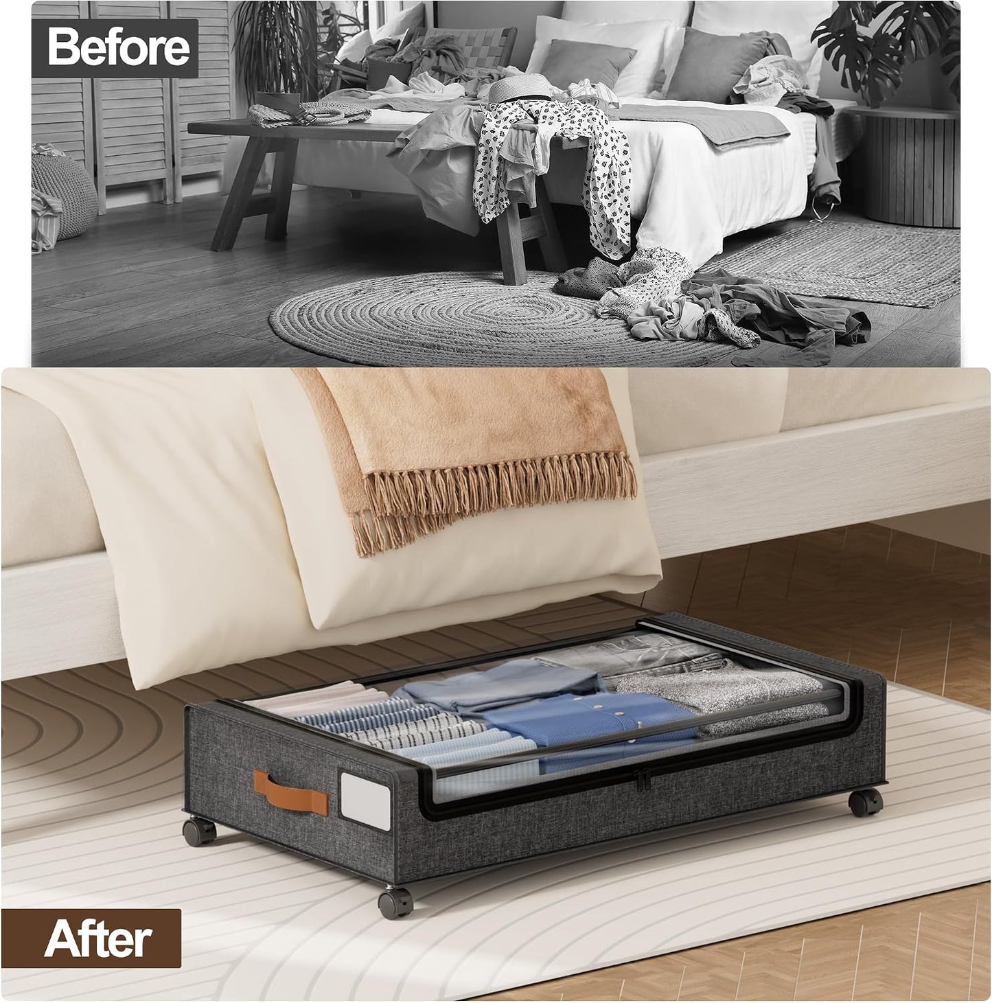 LAMU Under Bed Storage with Wheels, 2 Pack Under Bed Storage Containers with Clear Lid, XXL 60 L Underbed Storage Bins, Rolling Under Bed Metal Drawers for Clothes, Blankets, Shoes, Black