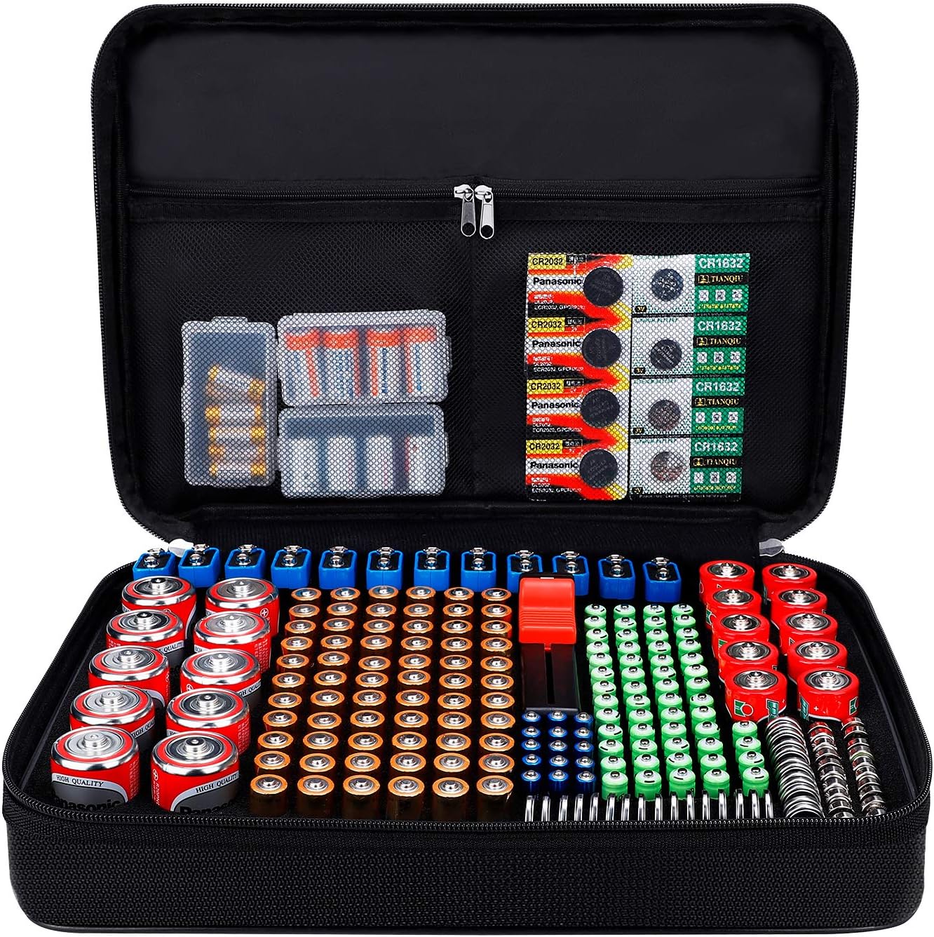 ENGPOW Battery Organizer, Fireproof Battery Organizer Storage Case with Tester (BT168),Water-Resistant Explosionproof Battery Holder Box with Cover and Zipper, Holds 220+ AA AAA C D 9V Batteries