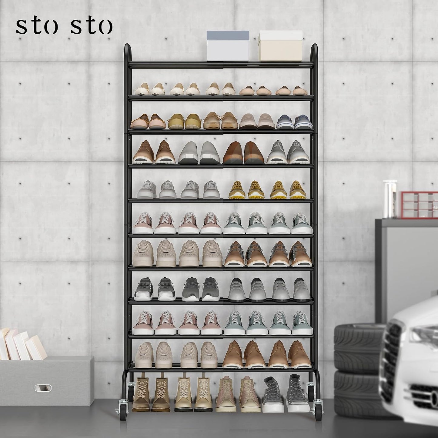 STO STO Expandable Shoe Rack, 3-Tier Metal Small Shoe Rack for Closet, Up to 16 Pairs Adjustable Shoes Racks Storage for Front Door Entrance, Free Standing Shoes Rack Organizer for Entryway, Black