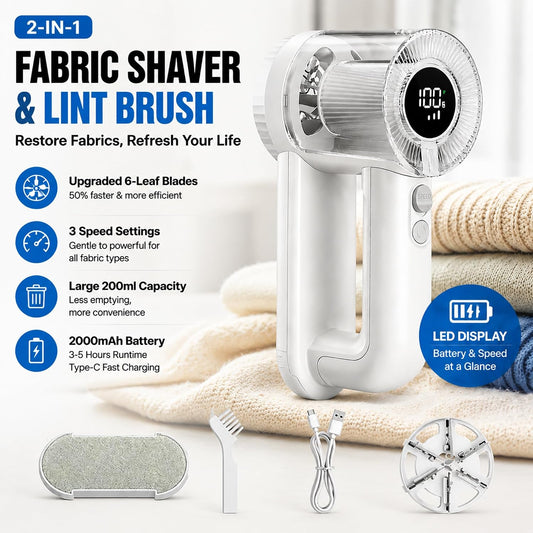 Rechargeable Fabric Shaver Lint Remover, 2-in-1 6-Blade Lint Shaver for Clothes Sweater Furniture, 3-Speed, LED Display, 2000mAh USB-C, 200ml Container, Removes Fuzz & Pilling