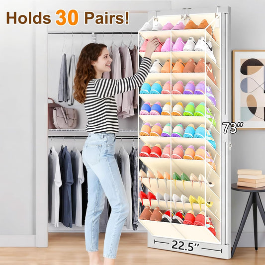 UVIAHOMI 20-30 Pairs Over the Door Shoe Organizer, Clear Pockets Hanging Shoe Storage for Closet, 10-Tier Door Shoes Rack, Handing Shoes Holder Fit All the Family's Sneakers, Boots, Heels, White