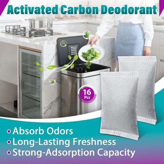 16 Pcs Activated Charcoal Trash Can Filter for 8 Gallon & Larger Bins | Powerful Odor Absorbing Charcoal Material, Long Lasting Deodorizing Performance, Simple Replacement Refills