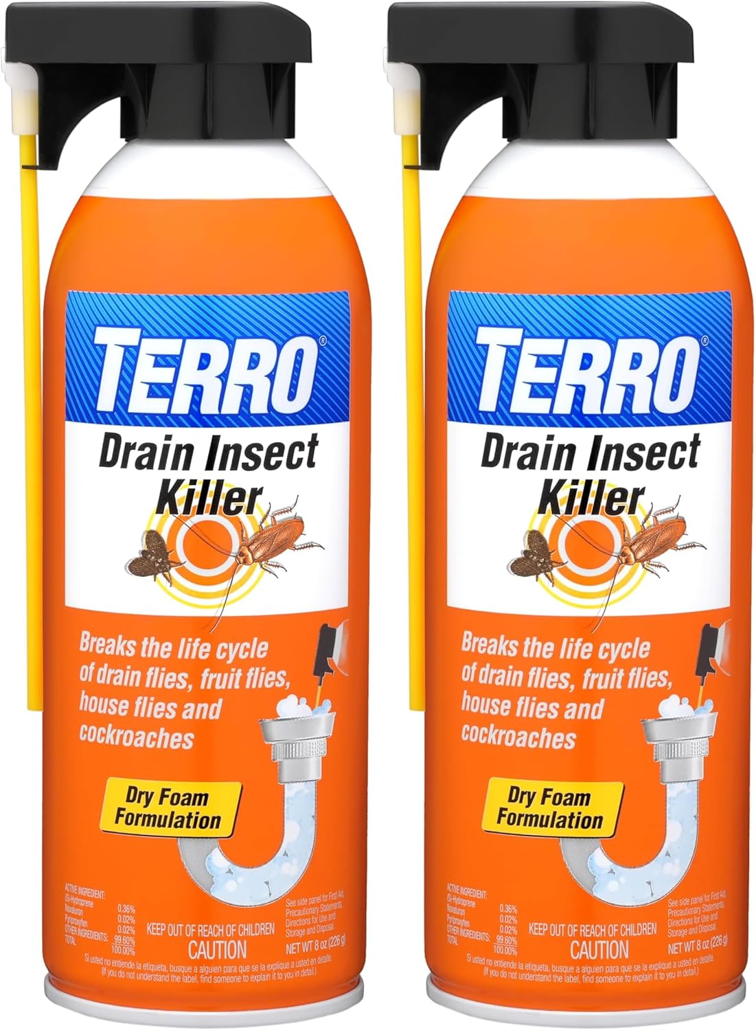 TERRO Drain Insect Killer, 1-Pack, Foam Treatment for Indoor Infestations | Kills Cockroaches, Drain, House, & Fruit Flies, Extension Tube Application, Drain Fly Killer, Works on All Pipes