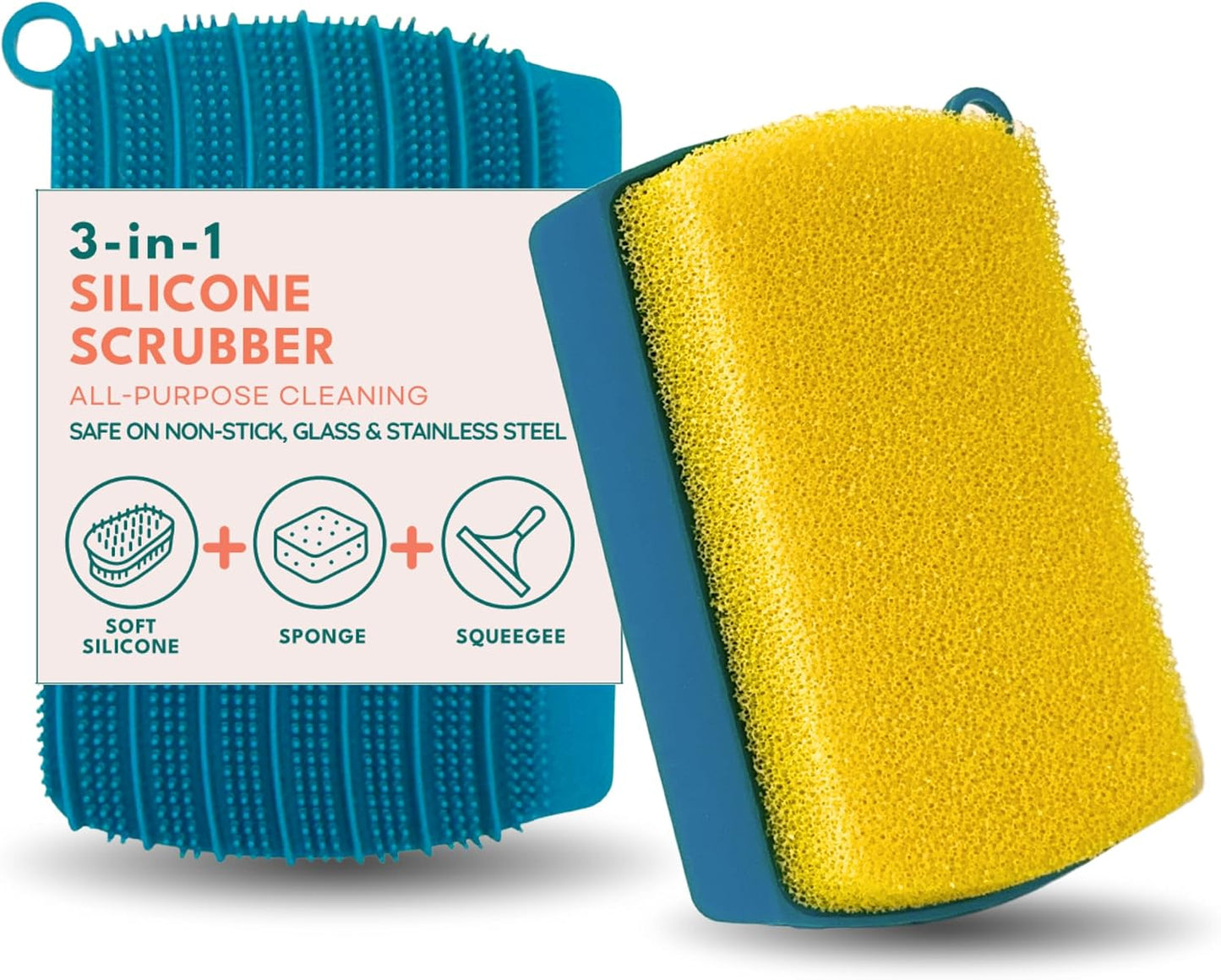 3-in-1 Silicone Scrubber Sponge with Squeegee – Non-Scratch Kitchen Sponge for Dishes, Sink & Bathroom, Quick-Dry, Reusable Cleaning Tool (Pink+Yellow)