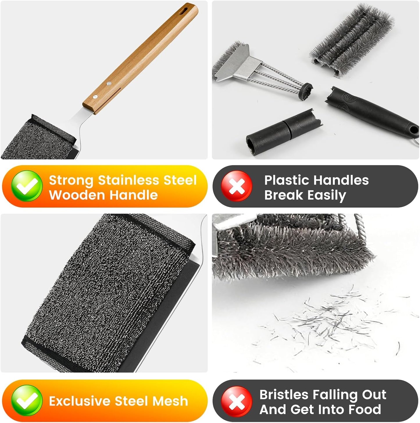 Grill Brush Bristle Free with 2 Replacement Head, Safe Grill Cleaner Brush for Outdoor Grill, BBQ Grill Cleaning Brush Kit Fits for Cast Iron Stainless Steel Grates, Gifts for Men, Dad