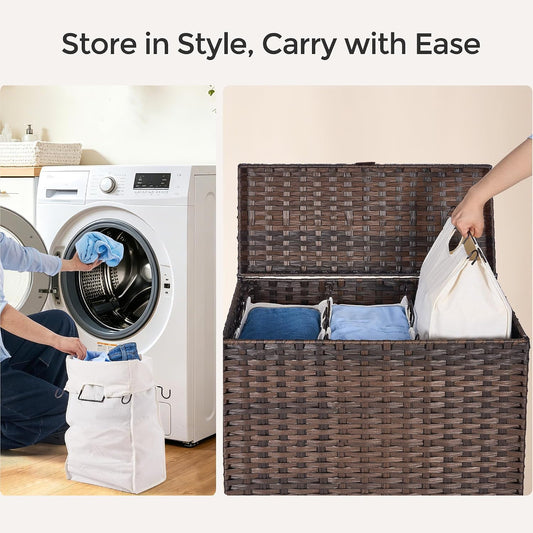 130L Laundry Hamper with Lid, 3 Section Laundry Hamper with 3 Removable Liner Bags, Large Wicker Laundry Basket with 4 Mesh Laundry Bags, Clothes Hamper for Laundry Room, Bedroom, Bathroom