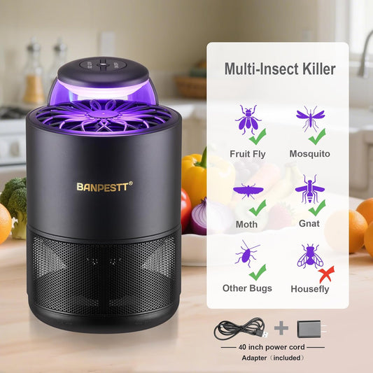 BANPESTT Automatic Insect Trap: Dusk-to-Dawn Sensor & Powerful Suction Quiet, Non-Zapper for Fruit Flies, Gnats, Mosquitoes | Includes 6 Glue Boards & UV Light (Black)