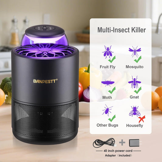 BANPESTT Indoor Insect Trap-Catcher & Killer with Suction for Mosquitos, Gnats, Moths, Fruit Flies, Dusk-to-Dawn Sensor, Bug Light & 6 Sticky Glue Boards (Black)