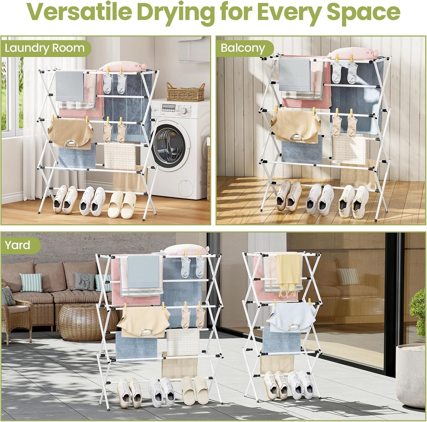 APEXCHASER Extra Large Clothes Drying Rack, Foldable & Extendable Laundry Rack with Adjustable Size (20.87"-35.43" L), Space-Saving, Rust-Resistant Frame for Indoor/Outdoor Use, White
