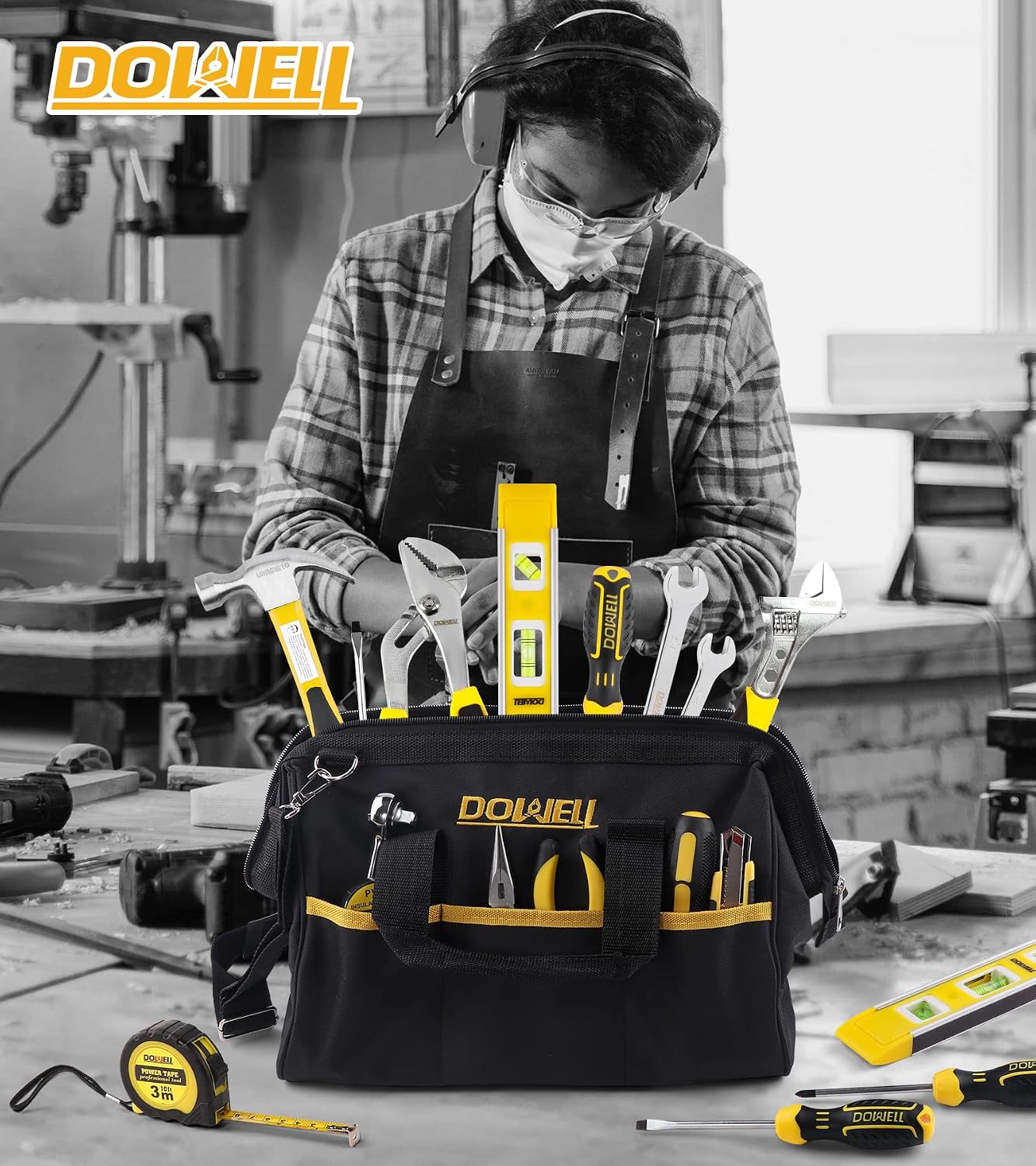 DOWELL 146PCS Homeowner Tool Set, Household Repairing Tool Kit with 14-Inch Wide Mouth Open Storage Tool Bag