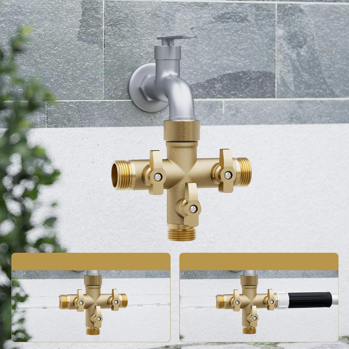 Hose Splitter Solid Brass 3 Way + Type Outdoor Faucet and Water Spigot Connector with Shut-Off Valves, 4 Extra Silicone Washers Included