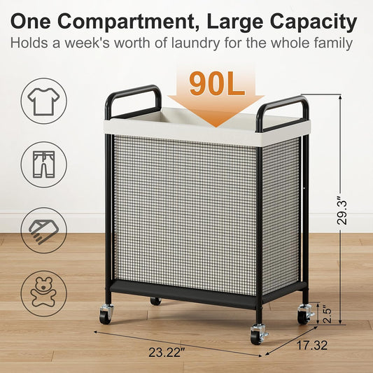 WOWLIVE Laundry Hamper 3 Section, 120L Rolling Laundry Basket with wheels and Removable Liner Bag, Laundry Sorter with Metal Handle, Large Clothes Hamper for Laundry Room, Bathroom and Dorm, Beige