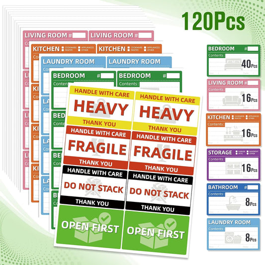 160-Count Moving Box Labels, 5 x 3 Inch Color-Coded Labels for Packing Boxes, 4 Handling Messages and 6 Room Categories, with More Bedroom Labels
