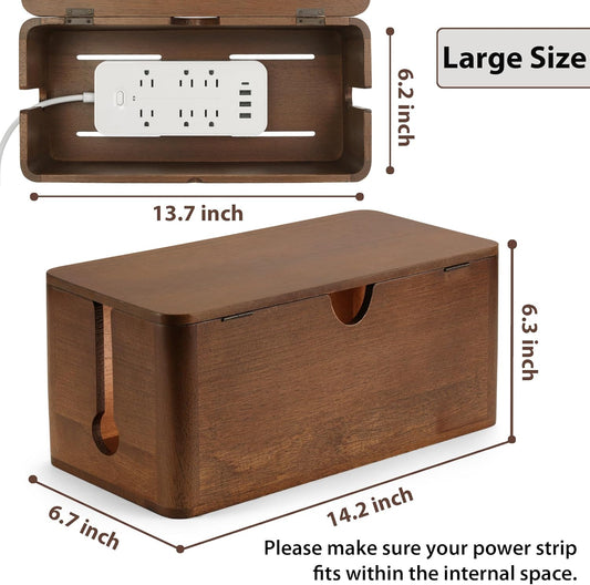 ZhiYo Wood Cable Management Box, Large Cord Organizer Box for Power Strip, Extension Cord Hider for Office, Desk Cable Storage Box for Wire Management, Floor Outlet Hider, 14.2" L × 6.7" W × 6.3" H
