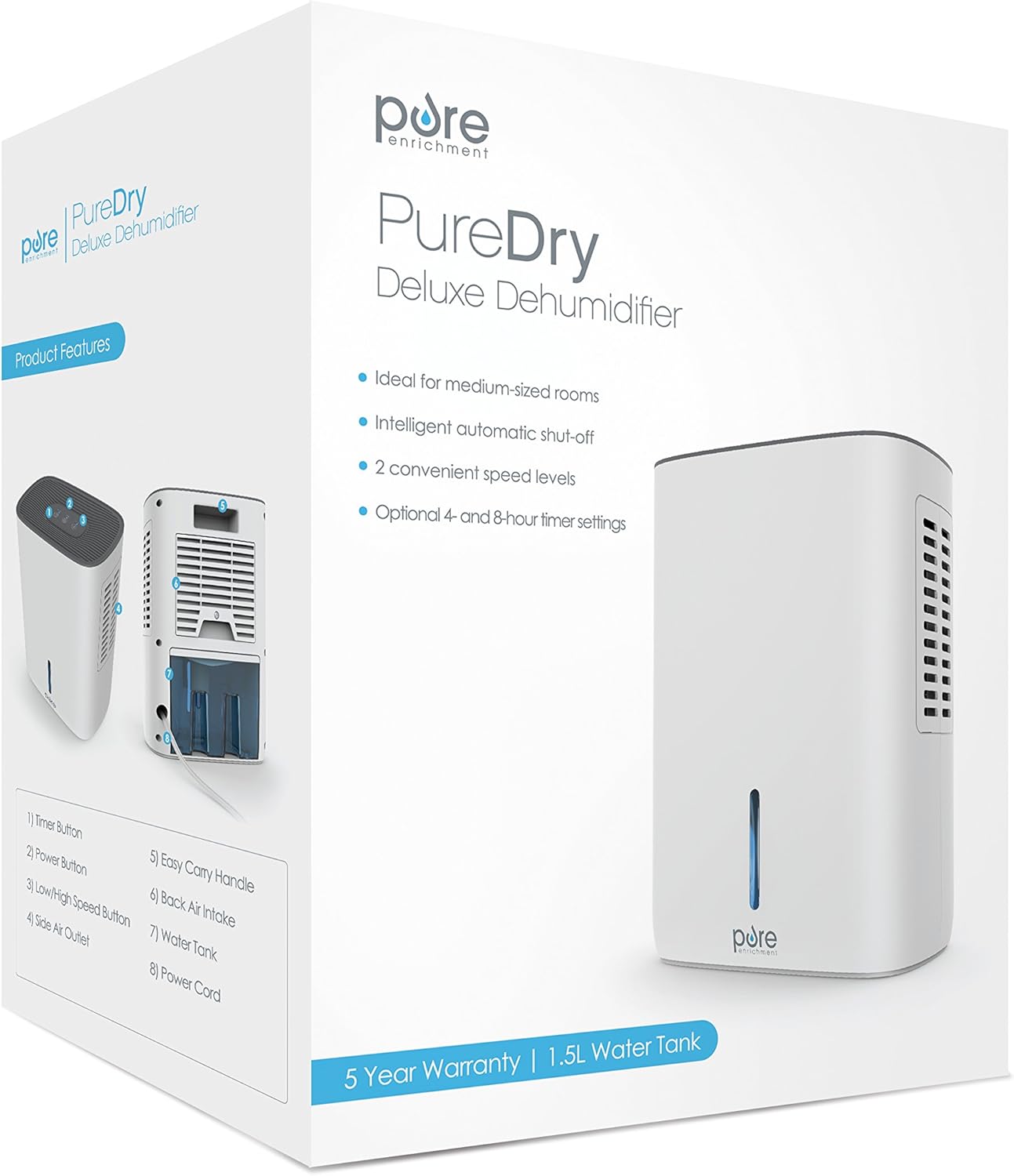 Pure Enrichment PureDry Deluxe Dehumidifier - Mid-Sized 1.5L Water Tank Eliminates 500ml/day in Excess Moisture from Closets, Bathrooms, Basements, Boats, Kitchens and Other Small to Mid-Sized Areas