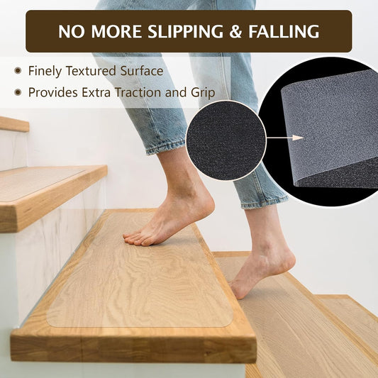 Clear Stair Treads Non Slip 30"x6", 18-Pack Anti Slip Strips for Wooden Steps Indoor, Transparent Adhesive Pre-Cut Step Grips, Safety for Elderly, Children and Dogs