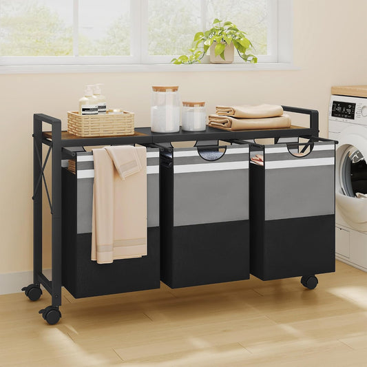 FAVOOSTY Laundry Sorter with Shelf,Laundry Basket Organizer,Laundry Hamper with Shelf, 3 ×11 Gal(50L)3 Section Laundry Sorter with Pull-Out Removable Oxford Fabric Bags and Movable Wheels Grey Black