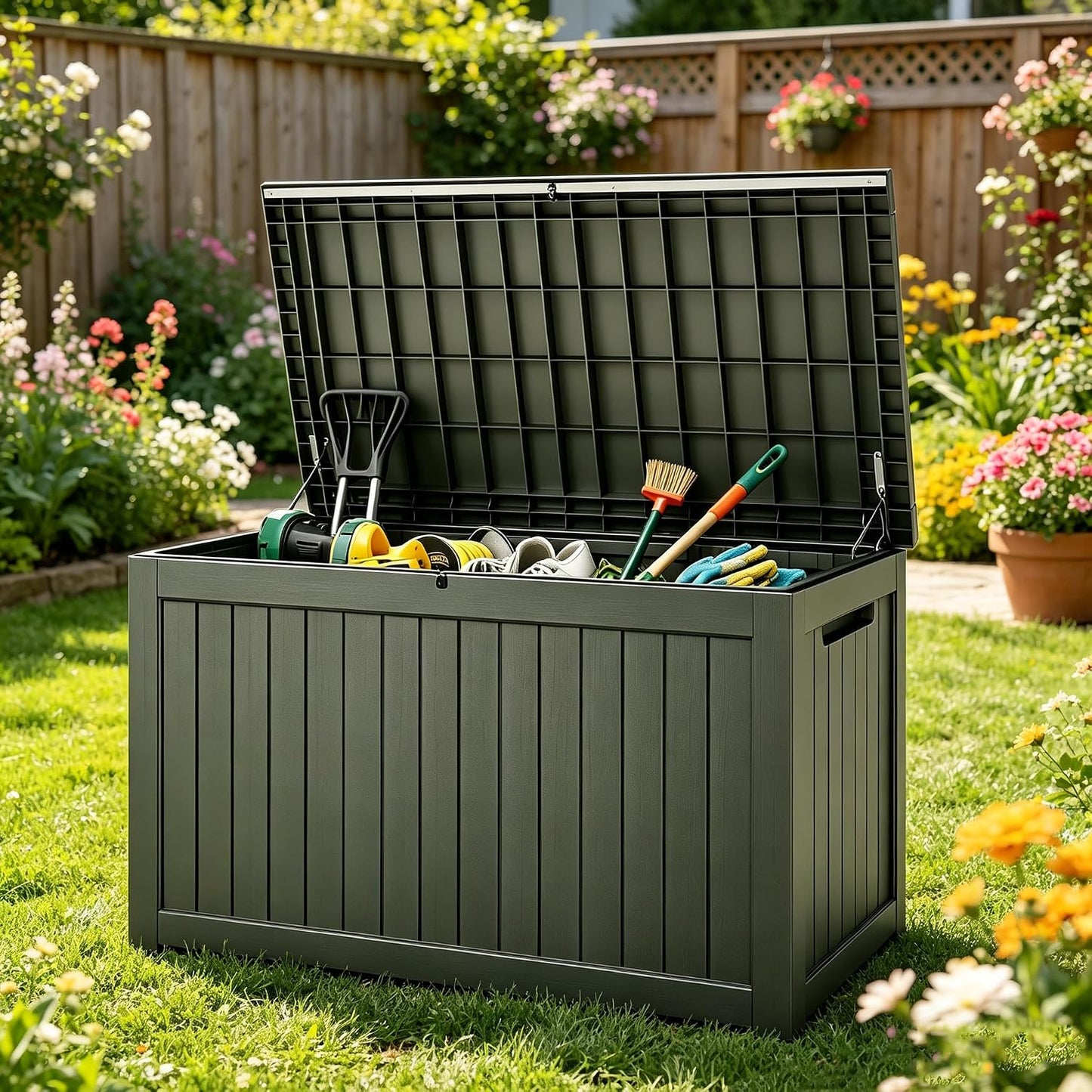 Fancyango 75 Gallon Outdoor Deck Box Waterproof, Large Storage Box for Patio, Resin Storage Bench Lockable for Garden Tools, Package Delivery, Black