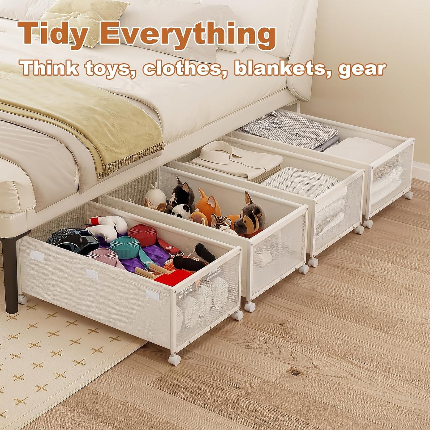 2 Pack Under the Bed Storage Containers,10 inch Height Under Bed Shoe Storage,31inch Long Underbed Storage with Wheels,Large Rolling under bed Clothes Storage Drawers with Lid for Dorm Tall ,Black