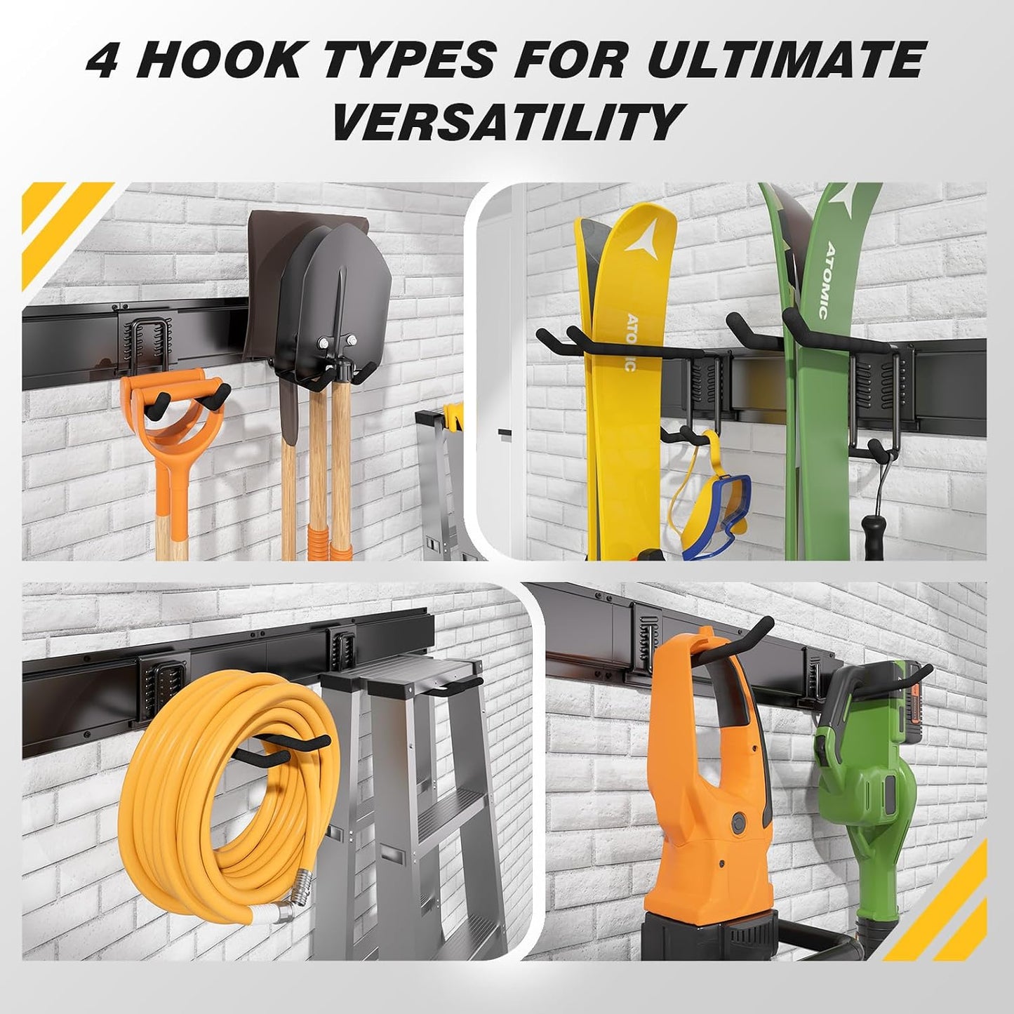 64 Inches Garage Storage, UUP Garage Organization Wall Mount Garden Tool Organizer, 620lbs Adjustable Metal Hooks, Yard Shed Rail Rack, Lawn Tool Holder for Hanging Rake Broom Mop Snowboard, Home Gift