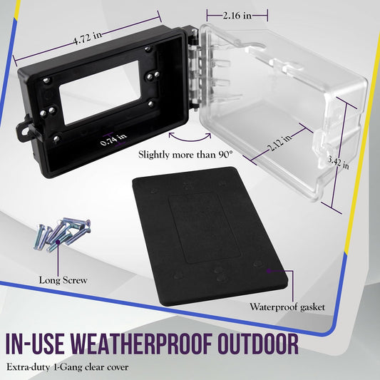 ENERLITES Outdoor Outlet Cover Extra-Duty in-Use Weatherproof Outdoor Decorator/GFCI Receptacle Outlets, Weatherproof Enclosure, 1-Gang 6.25” H x 3.5” W x 3.25” D, Clear Cover, IUC1V-D