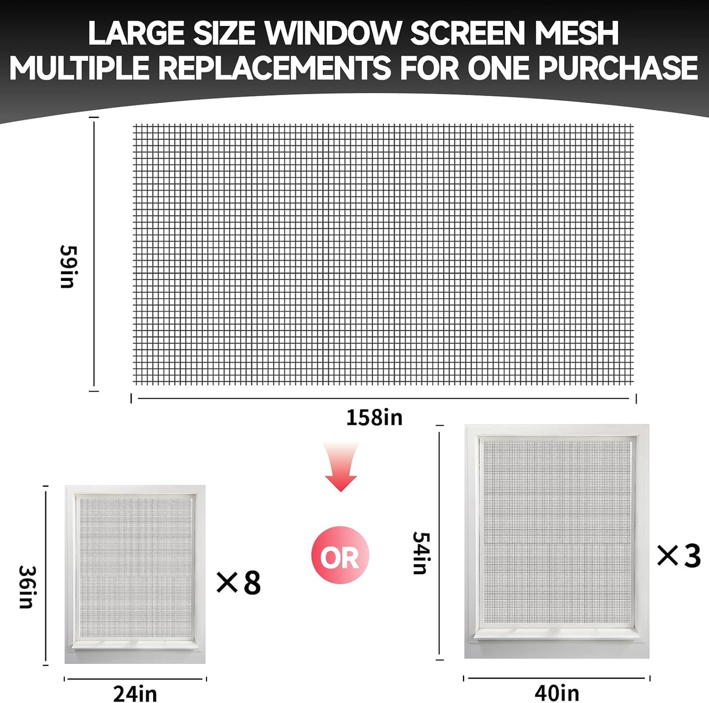 Window Screen Door Repair/Replacement Kit,48" x178" Adjustable Durable Fiberglass Window Screen Mesh,with Spline/Roller/Hook/Clips Screen Door Repair Kit,DIY Window,Porch Sliding Door(Black)