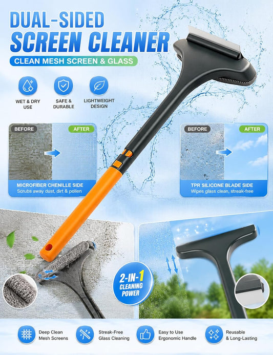 Window Screen Cleaner Tool Brush Squeegee for Shower Glass Sill Mesh 30 Second Magic Double Sided Dual-Use No-Removal Vacuum Washer Outdoor Full Crystal Outside Wiper