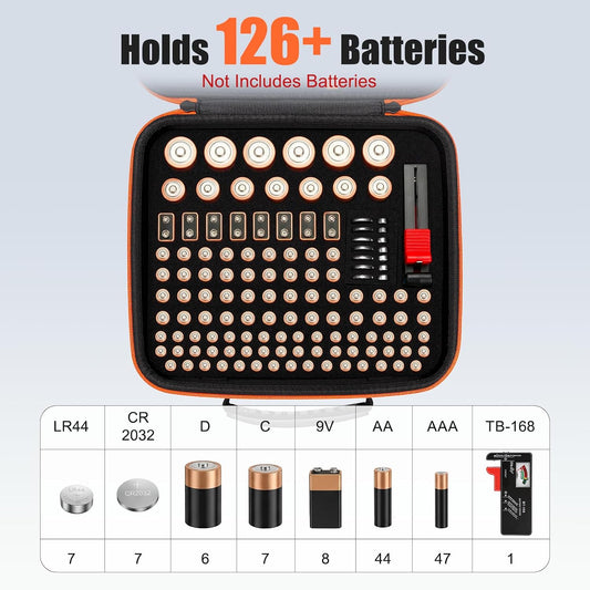 Battery Storage Organiser Case, Battery Storage Box Holds 126+ Batteries Various Sizes AA AAA C D 9V LR44 CR2032 with BT168 Tester, Portable Batteries Storage Box for Home, Travel(Not Included)