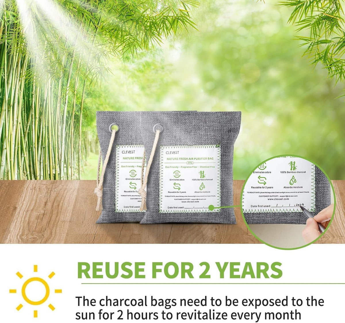 CLEVAST 14 Pack Activated Bamboo Charcoal Air Purifying Bags(2x200g, 12x50g), Natural Fresh Odor Absorber, Deodorizer and Moisture Eliminator, Air Purifier Bags for Home