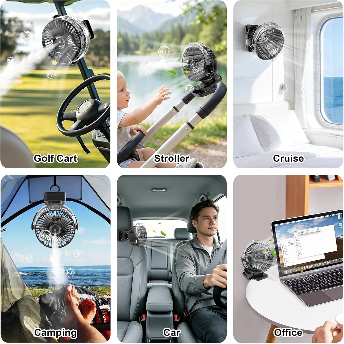 ELZO 12000mAh Clip on Fan, USB Desk Fan Rechargeable with LED Light & Hanging Hook & Magnetic & Spray function, Clip Fan Quiet 360° Rotation Portable for Desktop Stroller Office Tent Car RV