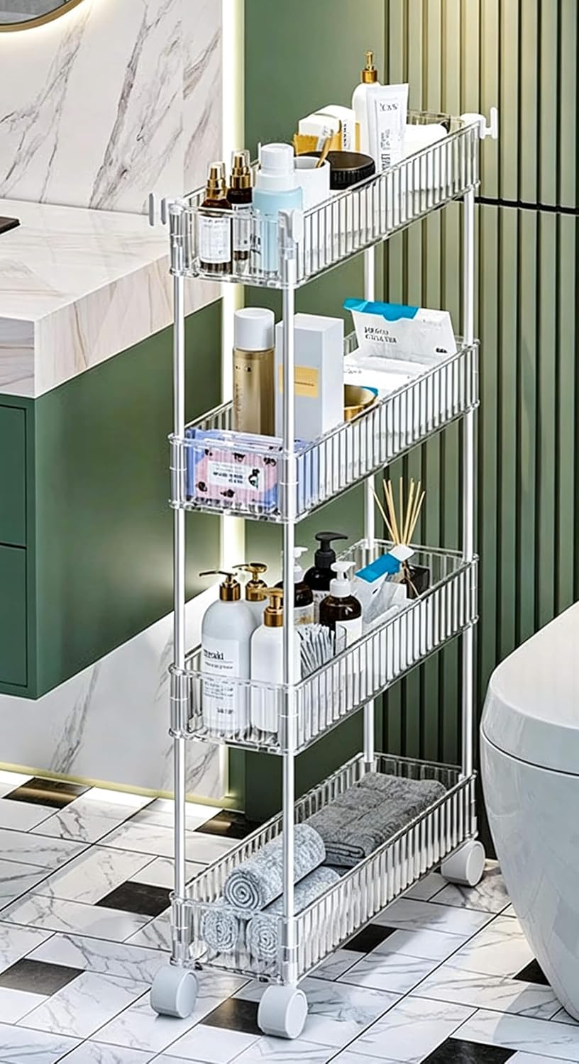 4-Tier Plastic Rolling Utility Cart with Wheels, Multifunctional Storage Organizer Cart for Home, Office, Kitchen & Bathroom, Ultra Narrow & Clear, 4.7”W * 12.8”L * 33”H