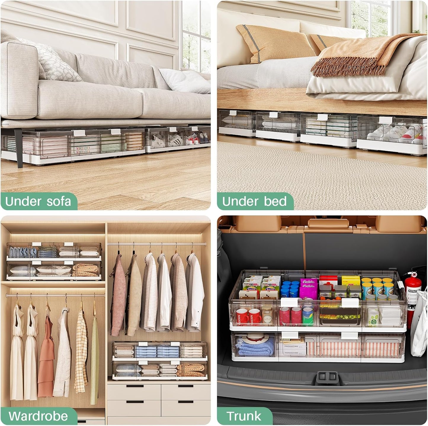 Kitstorack Clear Plastic Under Bed Storage Containers Bins with Lids and 8 Pre-installed Wheels,37.8 Qt, Rolling Foldable Flat Under Bed Organizer Boxes for Clothes Shoes Clothing Bedroom