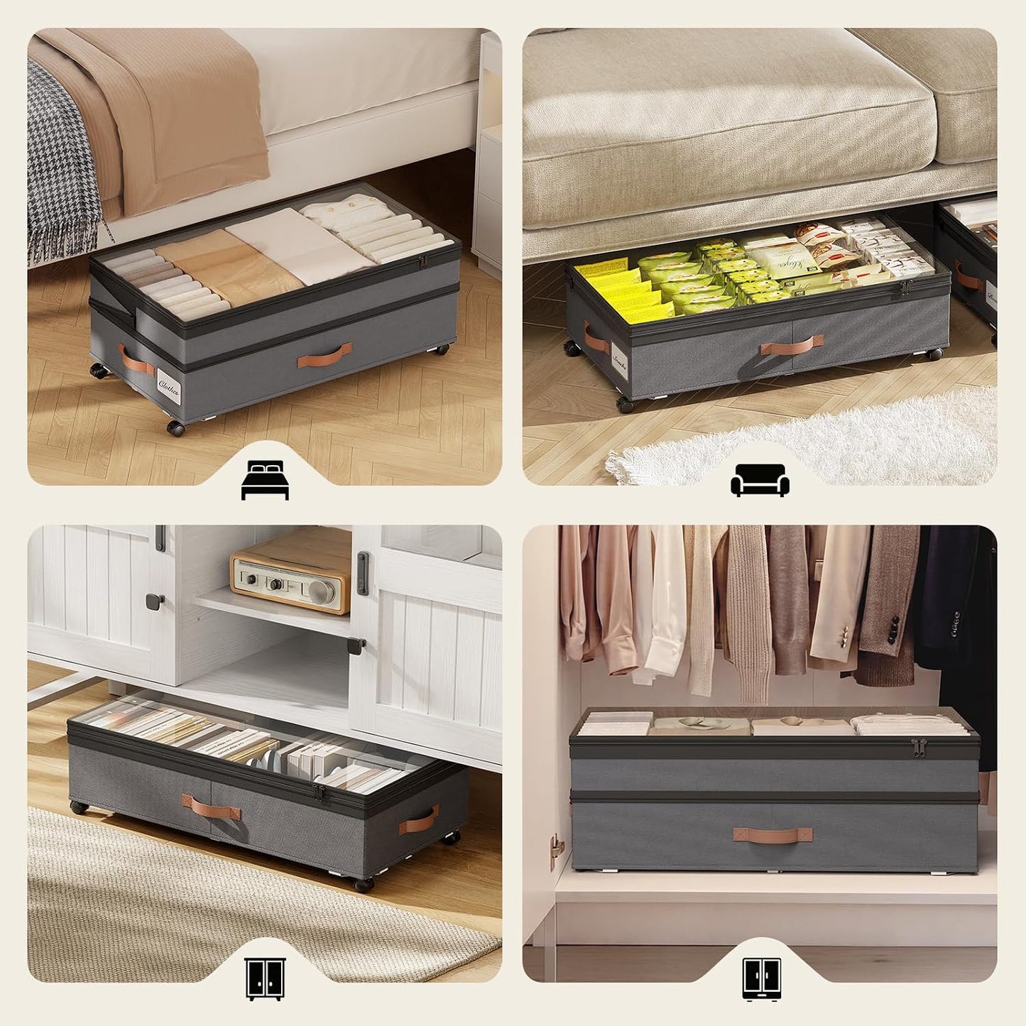 Yecaye 90L Under Bed Storage with Wheels, 8 in-11 in Height Adjustable Under Bed Storage Containers, Under Bed Shoe Storage with Lids & Label, Rolling Underbed Storage bins for Clothes, Toys, Grey
