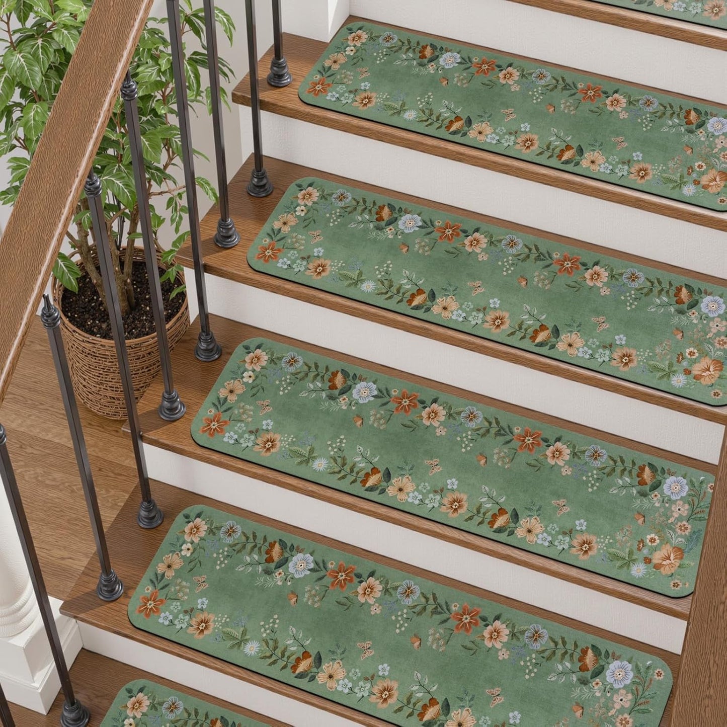 OJIA Floral Stair Treads Non-Slip Carpet Stair Treads for Wooden Steps Indoor 15PCS 30"x8" Stair Runner Stair Mats Staircase Step Treads for Kids, Elders and Dogs, Stair Covers, Black