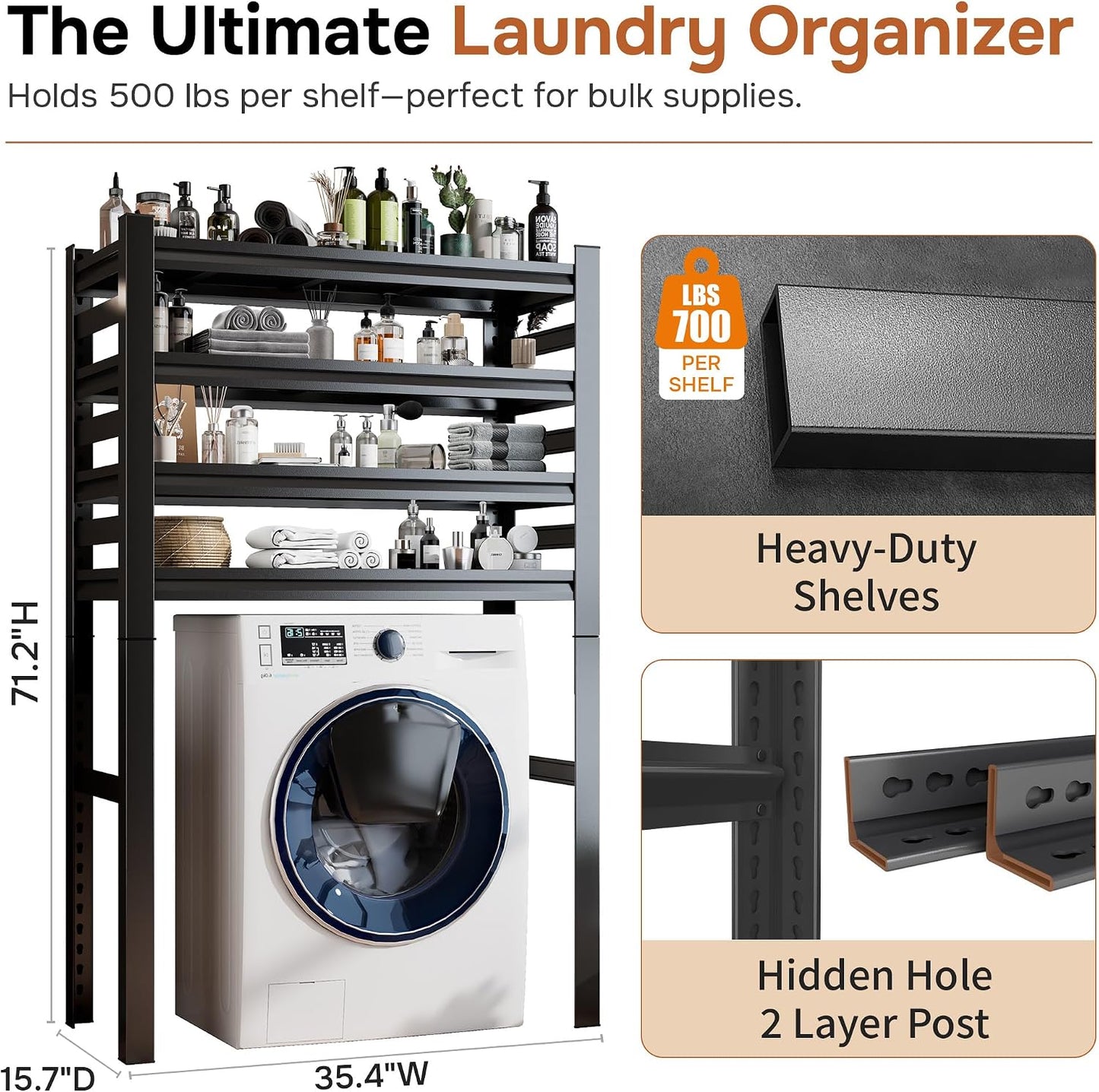 Laundry Room Storage Organizer, Over The Washer and Dryer Storage Shelves for Laundry Organization, 35.4" W x 15.7" D x 71.2" H, Suit Washing Machine Width Within 35.4", Hold 500 lb, Black