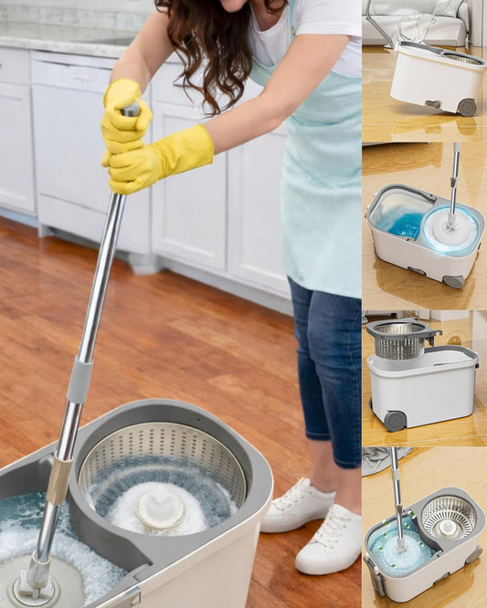 Spin Mop and Bucket System with Wringer, Microfiber Spin Mop and Bucket Set, Stainless Steel Handle, Rolling Mop Bucket with Drain Plug, Includes 3 Mop Heads for Hardwood Tile Floors
