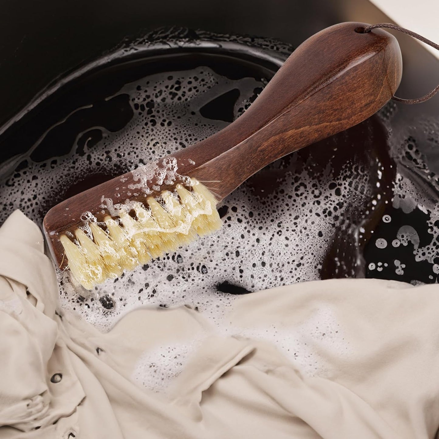 TAKAVU Laundry Stain Brush, Natural Black Boar Bristle, Safe on Delicates | Clothes Cleaning Scrubber, Stain Remover for Shirts, Collars, Cuffs & Shoes, Curved Beech Wood Handle with Hanging Loop