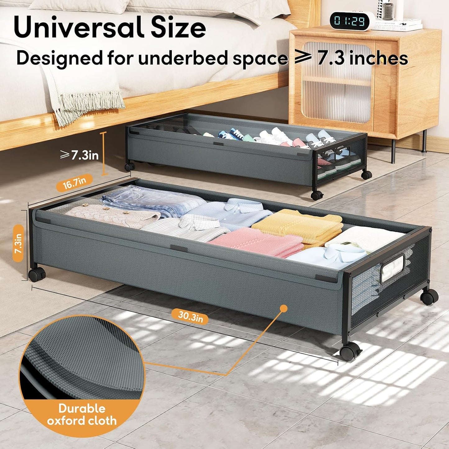 Under Bed Storage Containers with Wheels 2 Pack Underbed Shoe Storage Bedroom Storage Bins Organizer Large Capacity Under Bed Storage with Lid for Clothes Shoes Toys Blankets (Black)