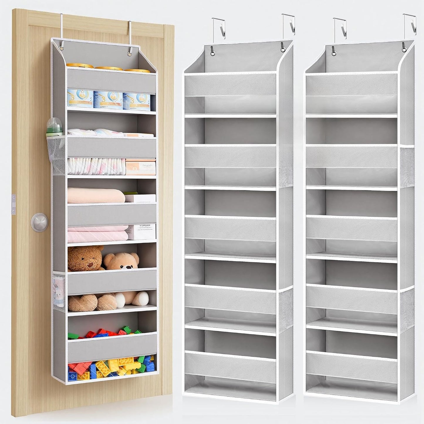 ULG 1 Pack Over Door Organizer with 5 Large Pockets 10 Mesh Side Pockets, Upgraded Linen Texture Over The Door Storage, 44 lbs Weight Capacity Hanging Storage Organizer, Ivory