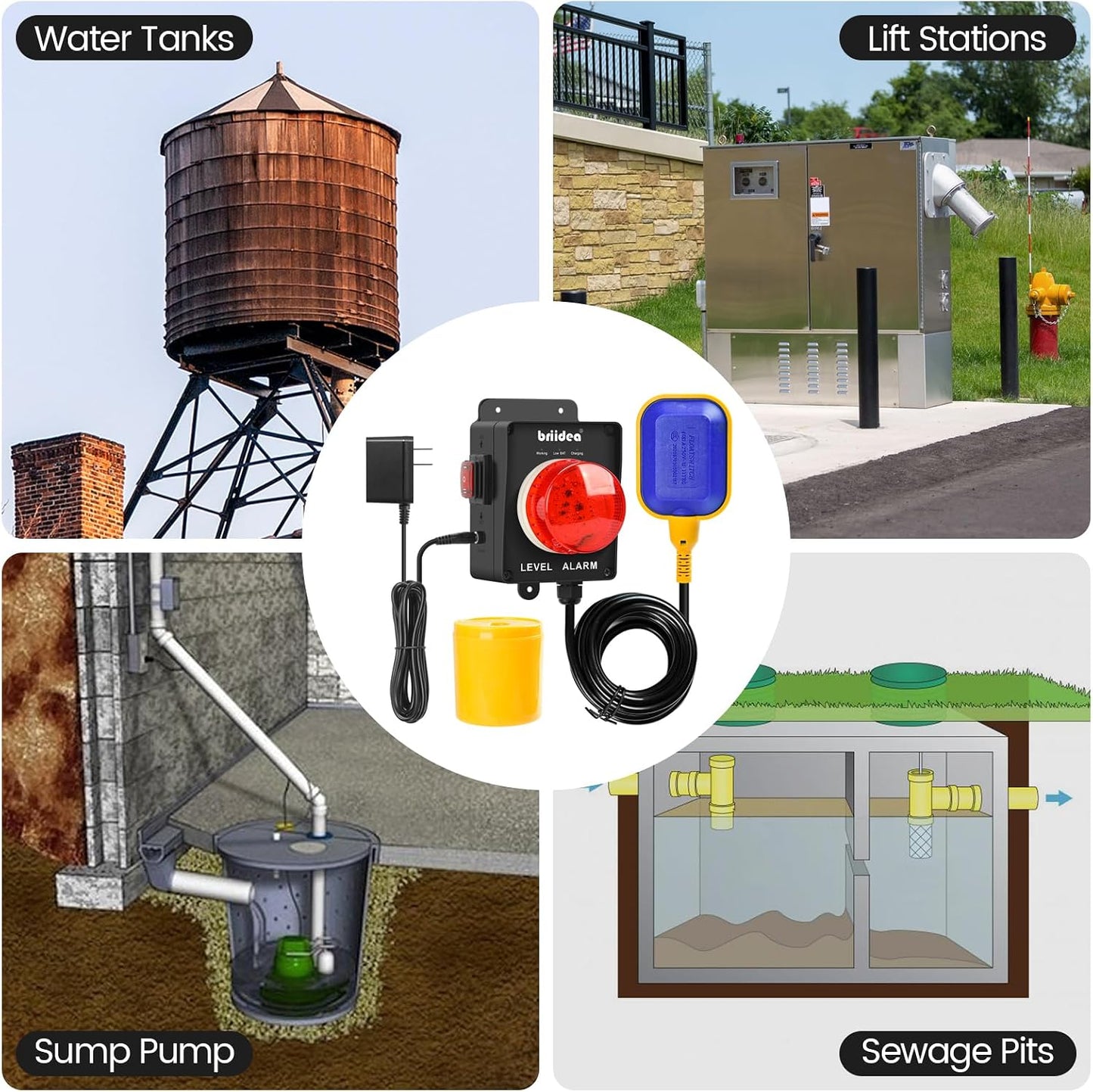 Sump Pump Alarm, Briidea Indoor/Outdoor High Water Septic Tank Alarm with 110dB Loud Alarm and Large LED Indicator, 10ft Level Float Switch, Ideal for Septic Sump Pump Pond Water Tank