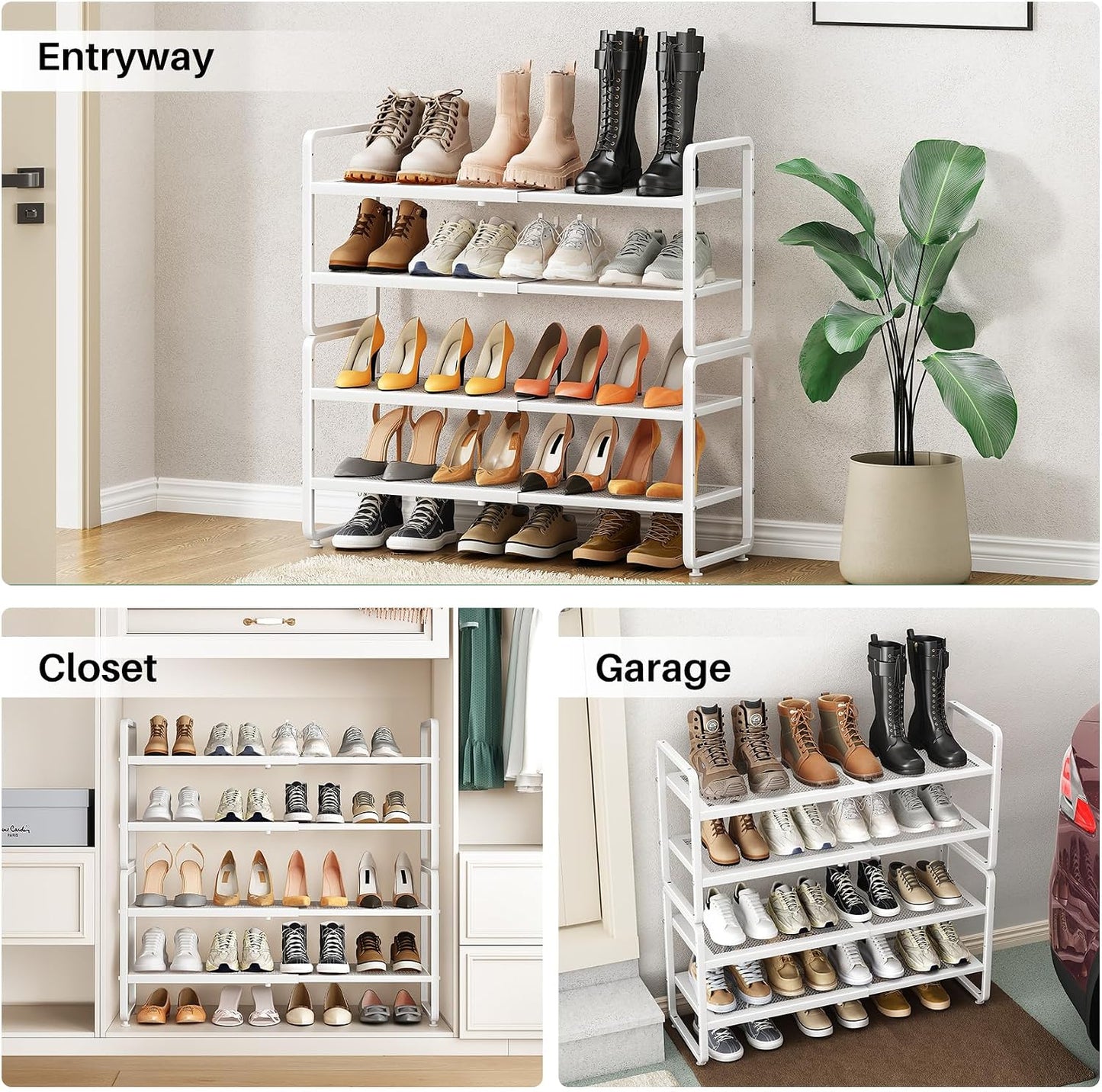 SNTD Shoe Rack - Expandable Shoe Organizer for Closet, Adjustable Metal Shoe Shelf Storage, Stackable Long Shoe Stand Holder for Garage, Entryway, Door Entrance (Black, 2-Tier)