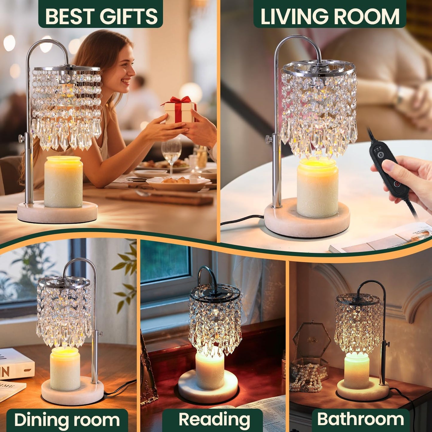 Candle Warmer Lamp with Timer Dimmer,2H/4H/8H Timer , Lamp Candle Warmer with Marble Base for Adjustable Height, Crystal Wax Melt Warmer for Jar Candles, House Warming Decor Gifts Mothers Day Gifts